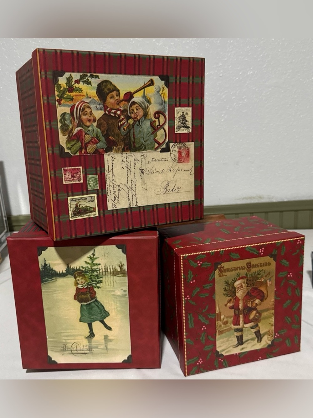 Vintage Barrington Studios LTD Stackable Christmas Nesting Boxes 3 Square Sizes